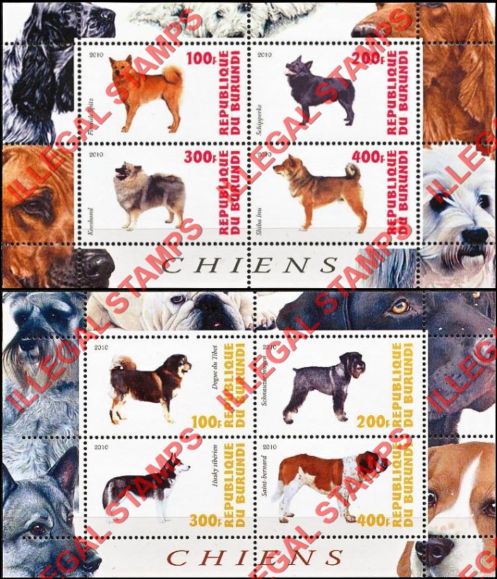 Burundi 2010 Dogs Counterfeit Illegal Stamp Souvenir Sheets of 4 (Part 1)
