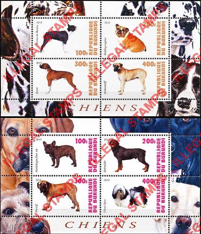 Burundi 2010 Dogs Counterfeit Illegal Stamp Souvenir Sheets of 4 (Part 2)
