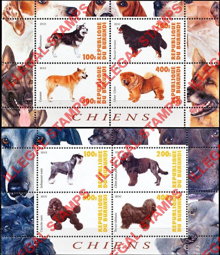 Burundi 2010 Dogs Counterfeit Illegal Stamp Souvenir Sheets of 4 (Part 3)
