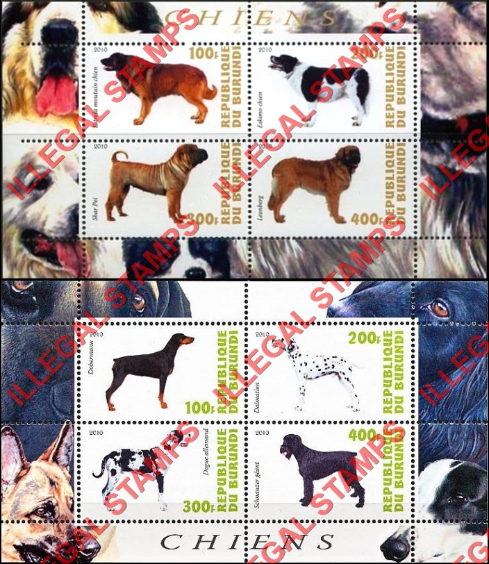 Burundi 2010 Dogs Counterfeit Illegal Stamp Souvenir Sheets of 4 (Part 4)