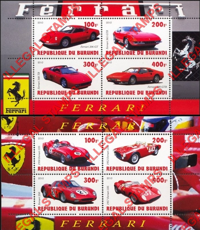 Burundi 2010 Ferrari Counterfeit Illegal Stamp Souvenir Sheets of 4