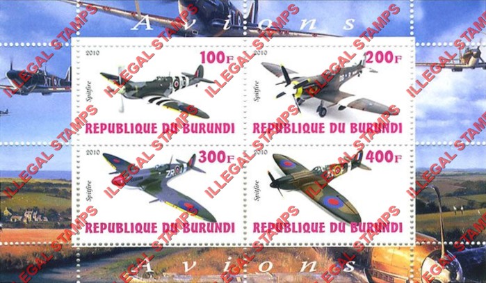 Burundi 2010 Fighter Planes Spitfire Counterfeit Illegal Stamp Souvenir Sheet of 4