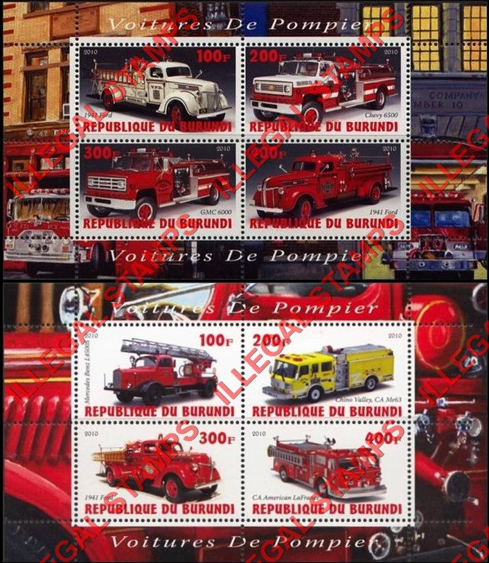 Burundi 2010 Fire Engines Counterfeit Illegal Stamp Souvenir Sheets of 4