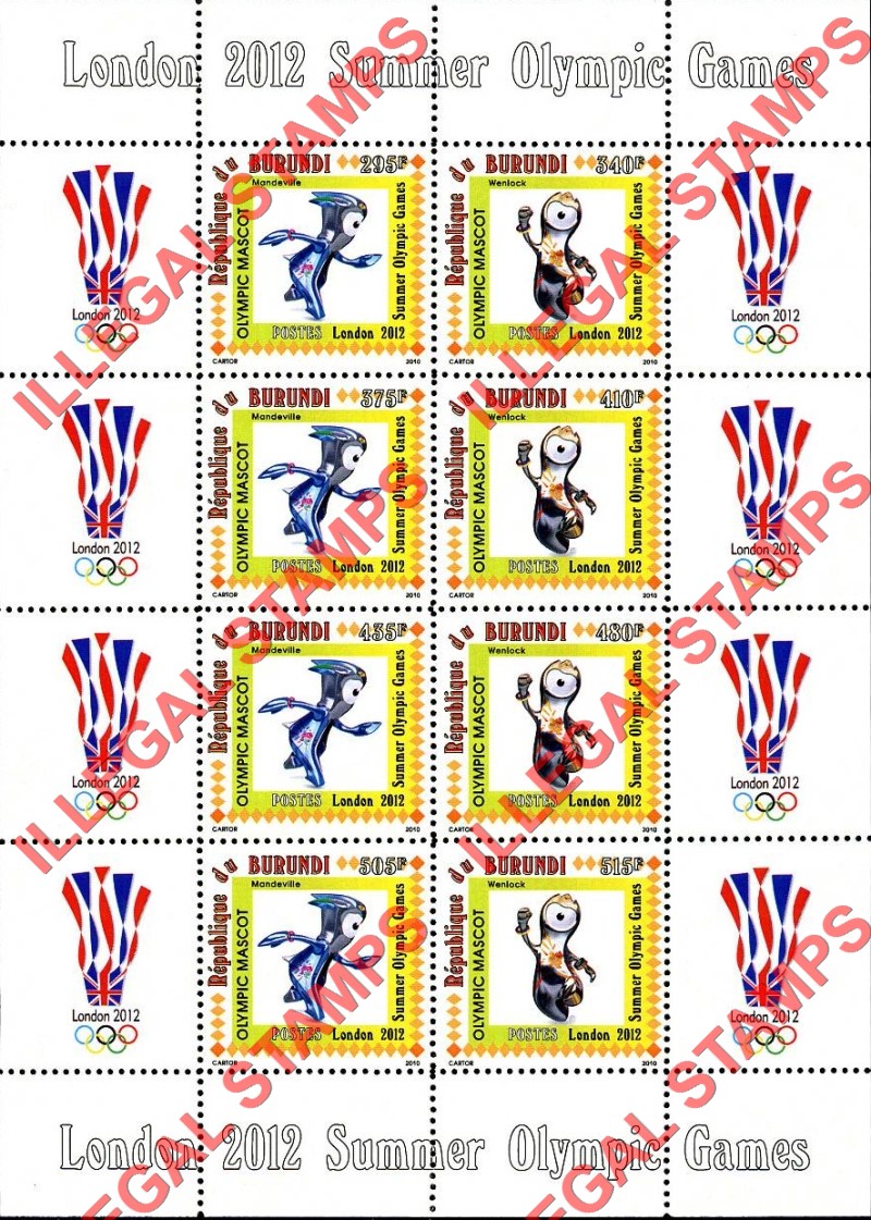 Burundi 2010 Olympic Games in London in 2012 Counterfeit Illegal Stamp Souvenir Sheets of 8 (Sheet 1)