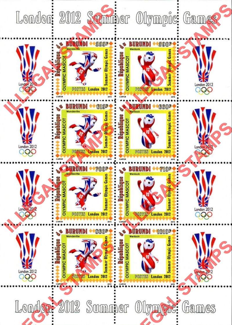 Burundi 2010 Olympic Games in London in 2012 Counterfeit Illegal Stamp Souvenir Sheets of 8 (Sheet 2)