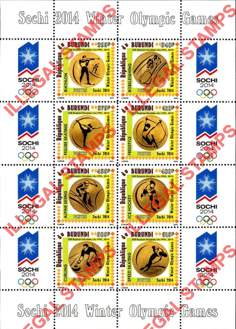 Burundi 2010 Olympic Games in Sochi in 2014 Counterfeit Illegal Stamp Souvenir Sheets of 8 (Sheet 1)