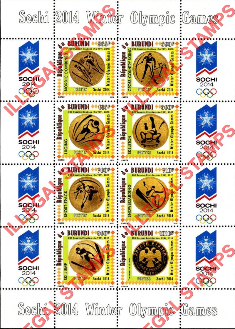 Burundi 2010 Olympic Games in Sochi in 2014 Counterfeit Illegal Stamp Souvenir Sheets of 8 (Sheet 2)