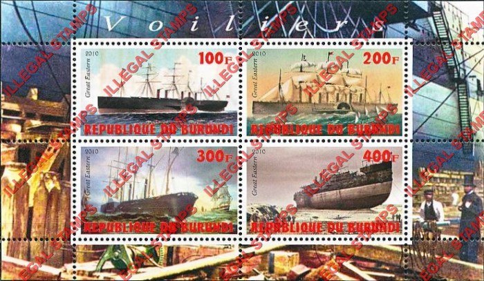 Burundi 2010 Ships Counterfeit Illegal Stamp Souvenir Sheet of 4