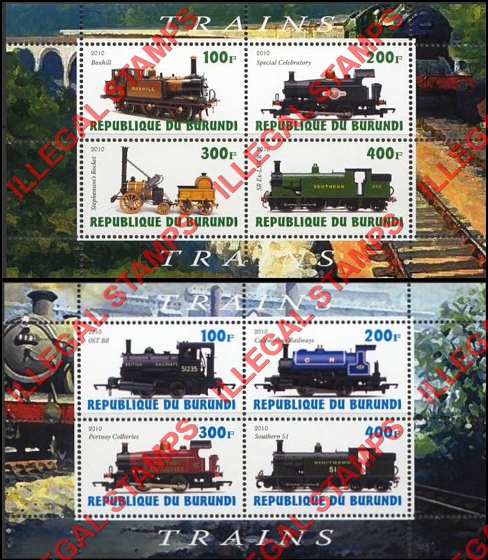 Burundi 2010 Trains Counterfeit Illegal Stamp Souvenir Sheets of 4 (Part 1)