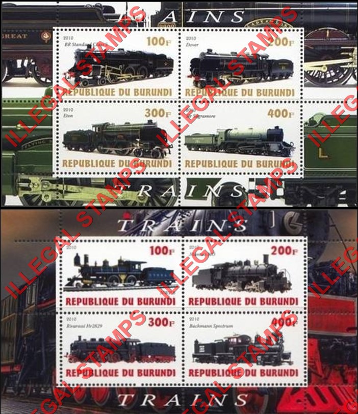 Burundi 2010 Trains Counterfeit Illegal Stamp Souvenir Sheets of 4 (Part 2)