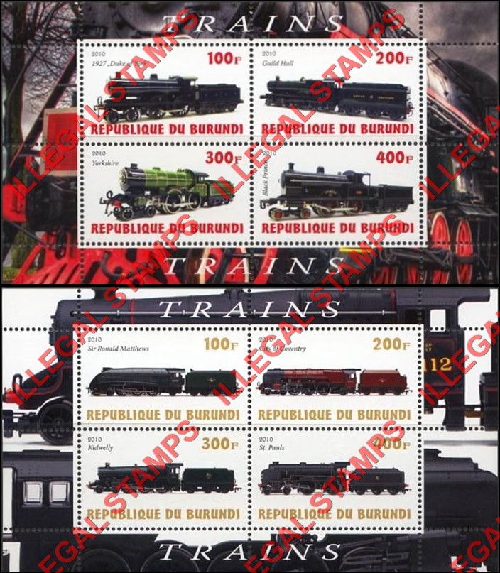 Burundi 2010 Trains Counterfeit Illegal Stamp Souvenir Sheets of 4 (Part 3)