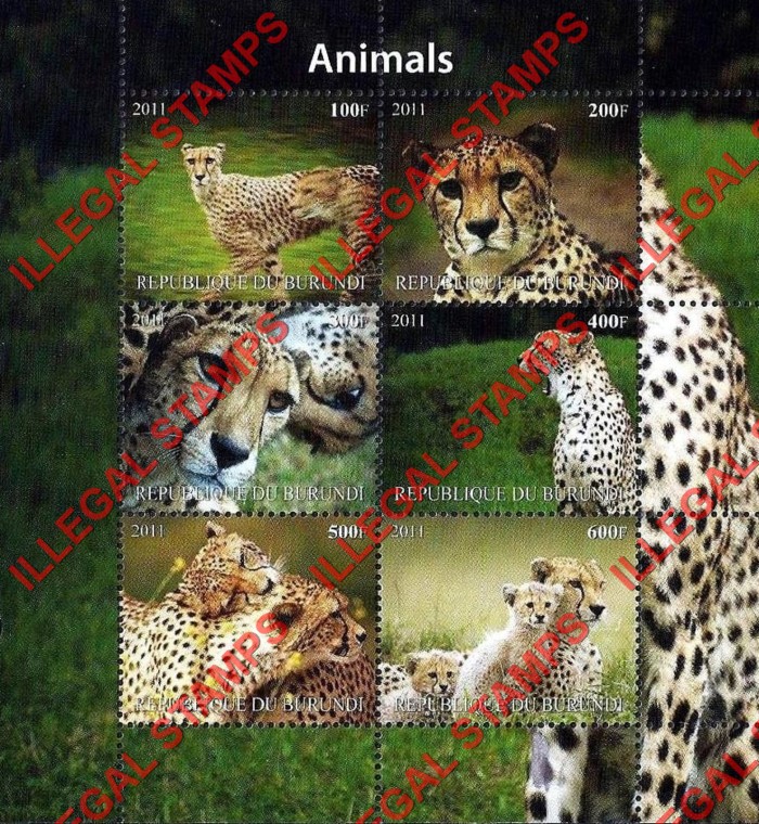 Burundi 2011 Animals Counterfeit Illegal Stamp Souvenir Sheet of 6 (Sheet 1)