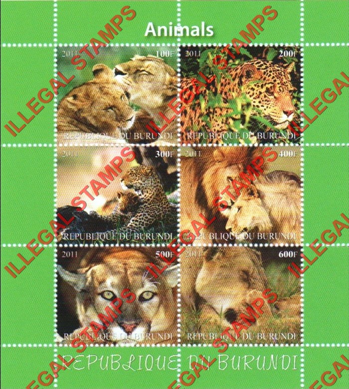 Burundi 2011 Animals Counterfeit Illegal Stamp Souvenir Sheet of 6 (Sheet 2)