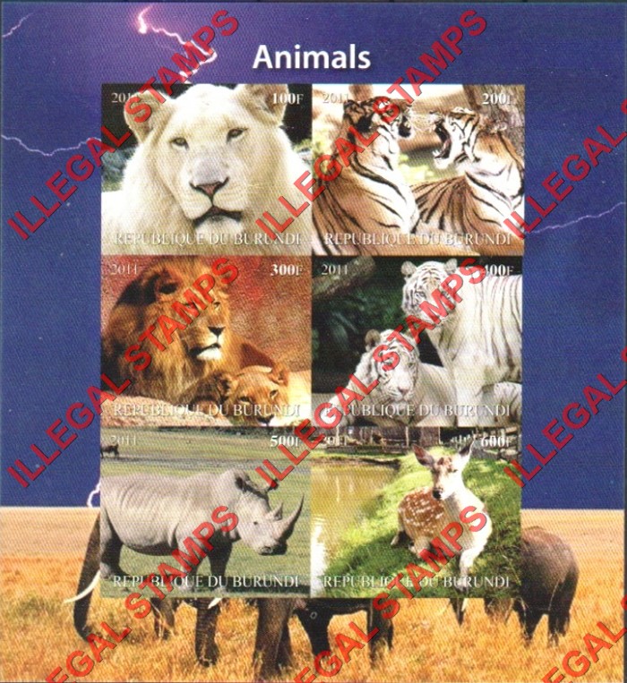 Burundi 2011 Animals Counterfeit Illegal Stamp Souvenir Sheet of 6 (Sheet 3)