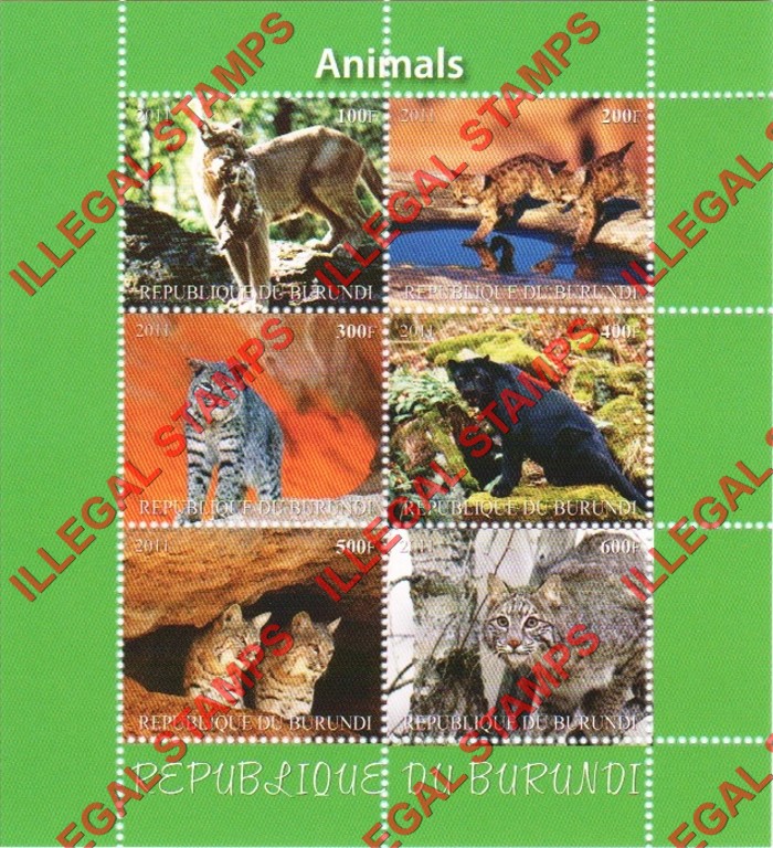 Burundi 2011 Animals Counterfeit Illegal Stamp Souvenir Sheet of 6 (Sheet 4)