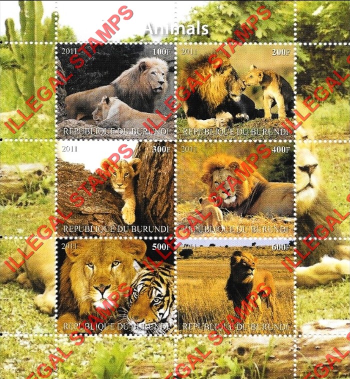 Burundi 2011 Animals Counterfeit Illegal Stamp Souvenir Sheet of 6 (Sheet 5)