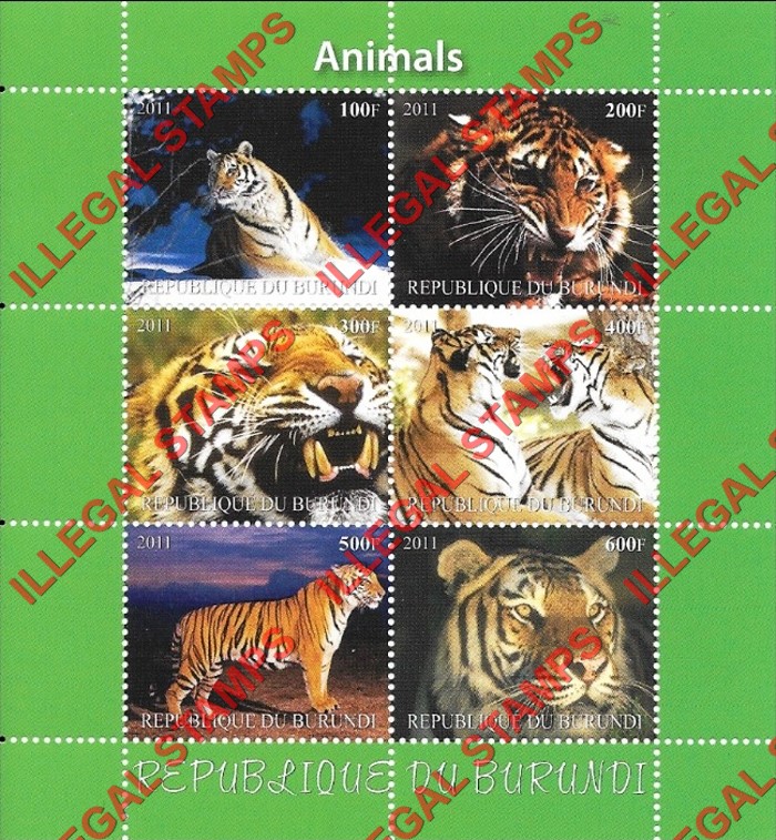 Burundi 2011 Animals Counterfeit Illegal Stamp Souvenir Sheet of 6 (Sheet 6)
