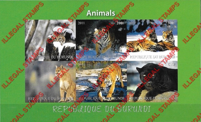Burundi 2011 Animals Counterfeit Illegal Stamp Souvenir Sheet of 6 (Sheet 7)