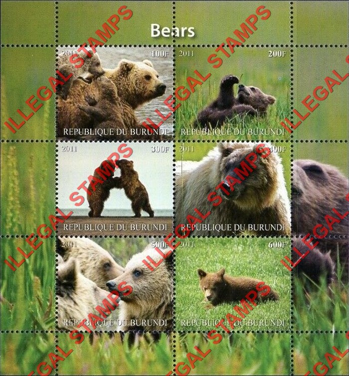 Burundi 2011 Bears Counterfeit Illegal Stamp Souvenir Sheet of 6 (Sheet 1)
