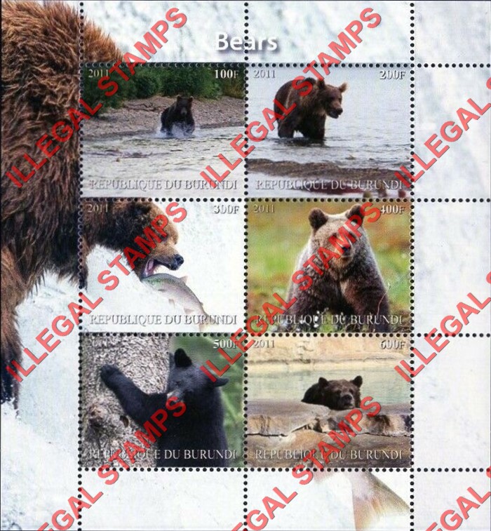 Burundi 2011 Bears Counterfeit Illegal Stamp Souvenir Sheet of 6 (Sheet 2)