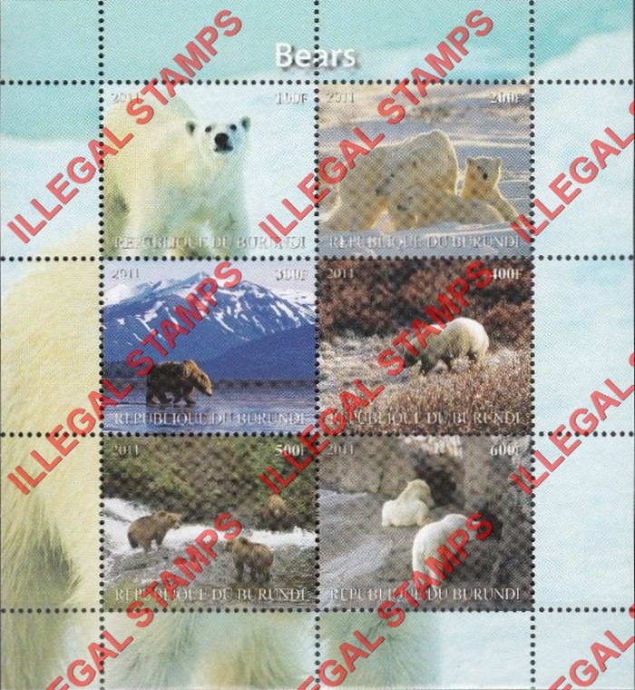 Burundi 2011 Bears Counterfeit Illegal Stamp Souvenir Sheet of 6 (Sheet 3)