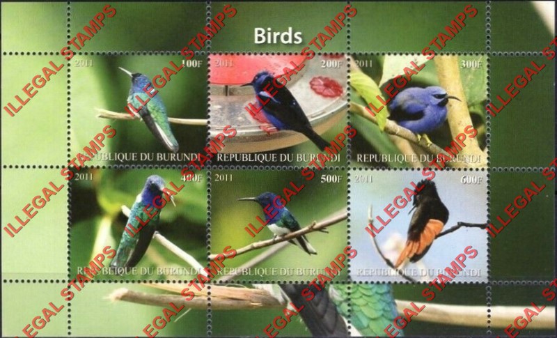 Burundi 2011 Birds Counterfeit Illegal Stamp Souvenir Sheet of 6 (Sheet 3)