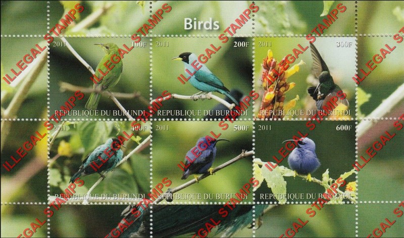 Burundi 2011 Birds Counterfeit Illegal Stamp Souvenir Sheet of 6 (Sheet 4)
