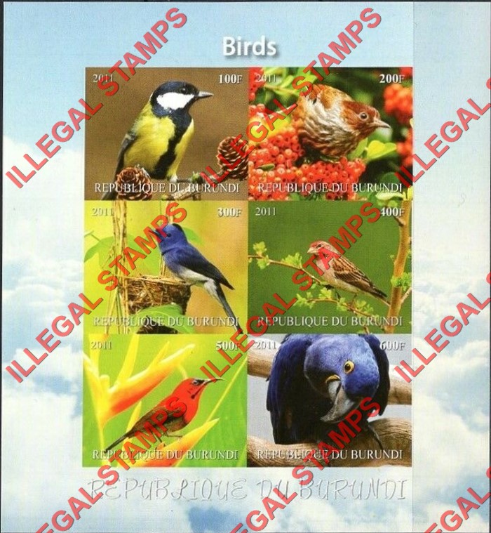 Burundi 2011 Birds Counterfeit Illegal Stamp Souvenir Sheet of 6 (Sheet 5)