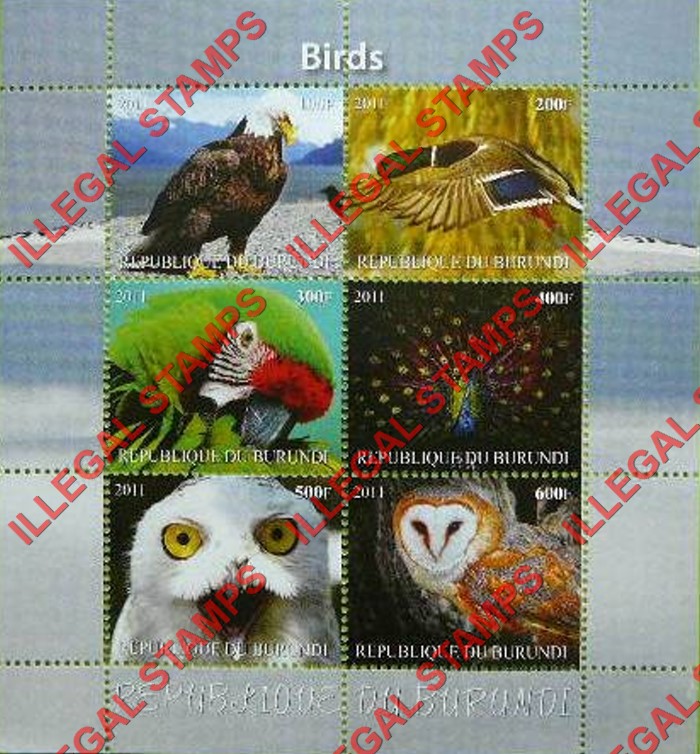Burundi 2011 Birds Counterfeit Illegal Stamp Souvenir Sheet of 6 (Sheet 6)