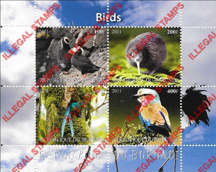 Burundi 2011 Birds Counterfeit Illegal Stamp Souvenir Sheet of 4 (Sheet 1)