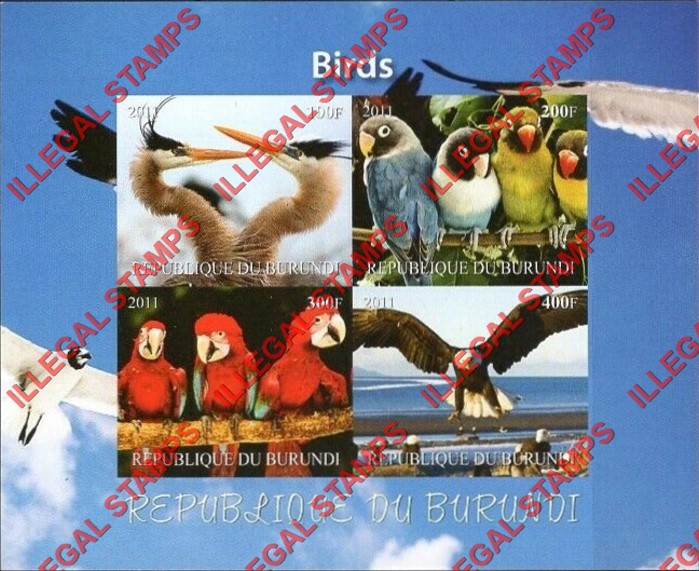 Burundi 2011 Birds Counterfeit Illegal Stamp Souvenir Sheet of 4 (Sheet 2)