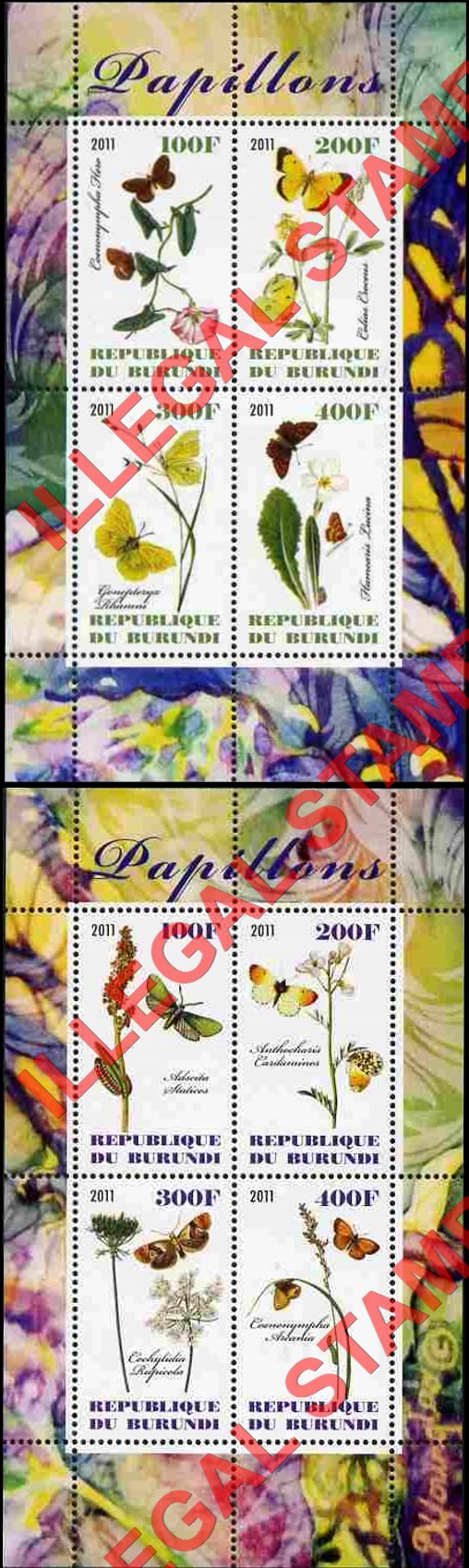 Burundi 2011 Butterflies Counterfeit Illegal Stamp Souvenir Sheets of 4 (Part 1)