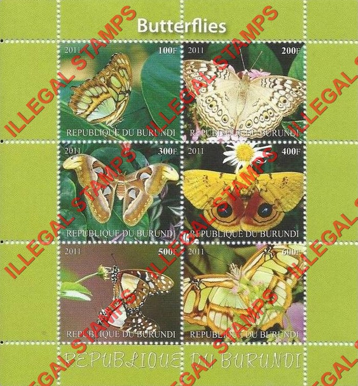 Burundi 2011 Butterflies Counterfeit Illegal Stamp Souvenir Sheet of 6 (Sheet 6)