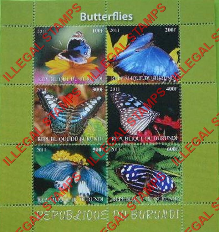 Burundi 2011 Butterflies Counterfeit Illegal Stamp Souvenir Sheet of 6 (Sheet 7)