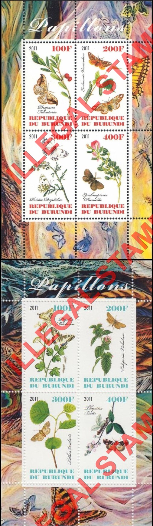 Burundi 2011 Butterflies Counterfeit Illegal Stamp Souvenir Sheets of 4 (Part 2)