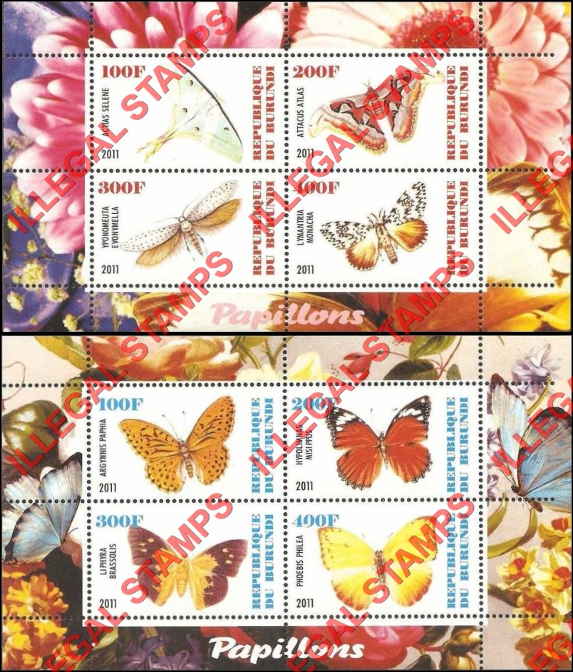 Burundi 2011 Butterflies Counterfeit Illegal Stamp Souvenir Sheets of 4 (Part 3)