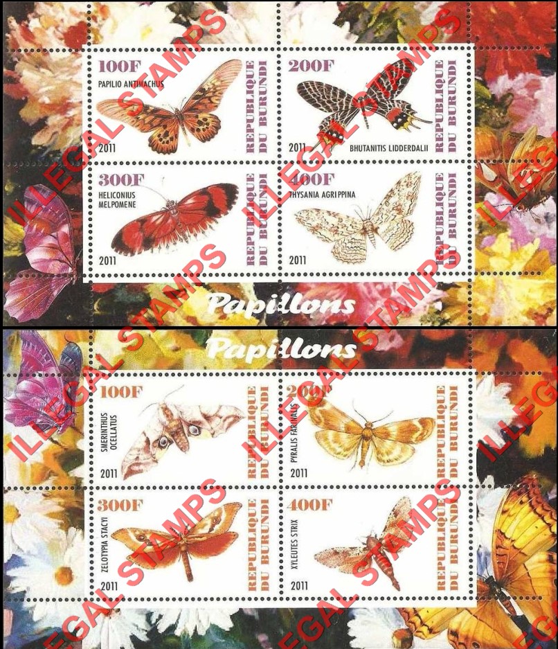 Burundi 2011 Butterflies Counterfeit Illegal Stamp Souvenir Sheets of 4 (Part 4)