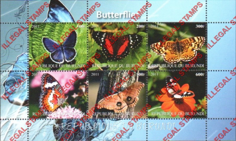 Burundi 2011 Butterflies Counterfeit Illegal Stamp Souvenir Sheet of 6 (Sheet 1)