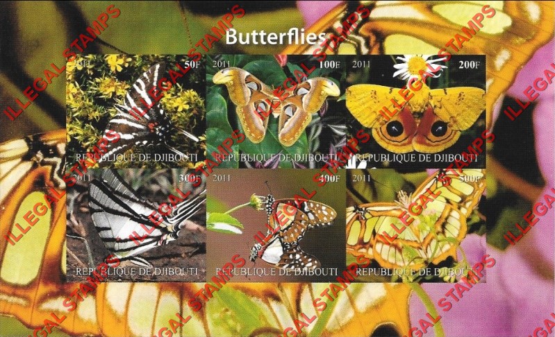 Burundi 2011 Butterflies Counterfeit Illegal Stamp Souvenir Sheet of 6 (Sheet 2)