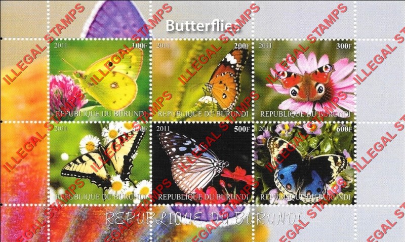 Burundi 2011 Butterflies Counterfeit Illegal Stamp Souvenir Sheet of 6 (Sheet 3)