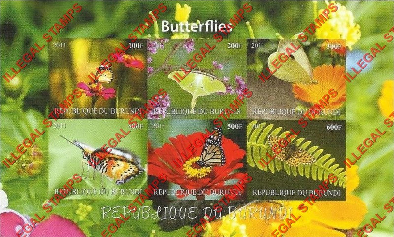 Burundi 2011 Butterflies Counterfeit Illegal Stamp Souvenir Sheet of 6 (Sheet 4)
