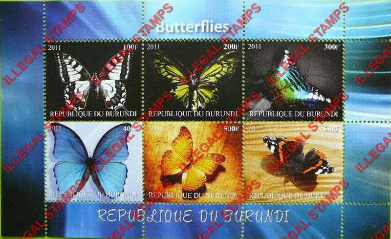 Burundi 2011 Butterflies Counterfeit Illegal Stamp Souvenir Sheet of 6 (Sheet 5)