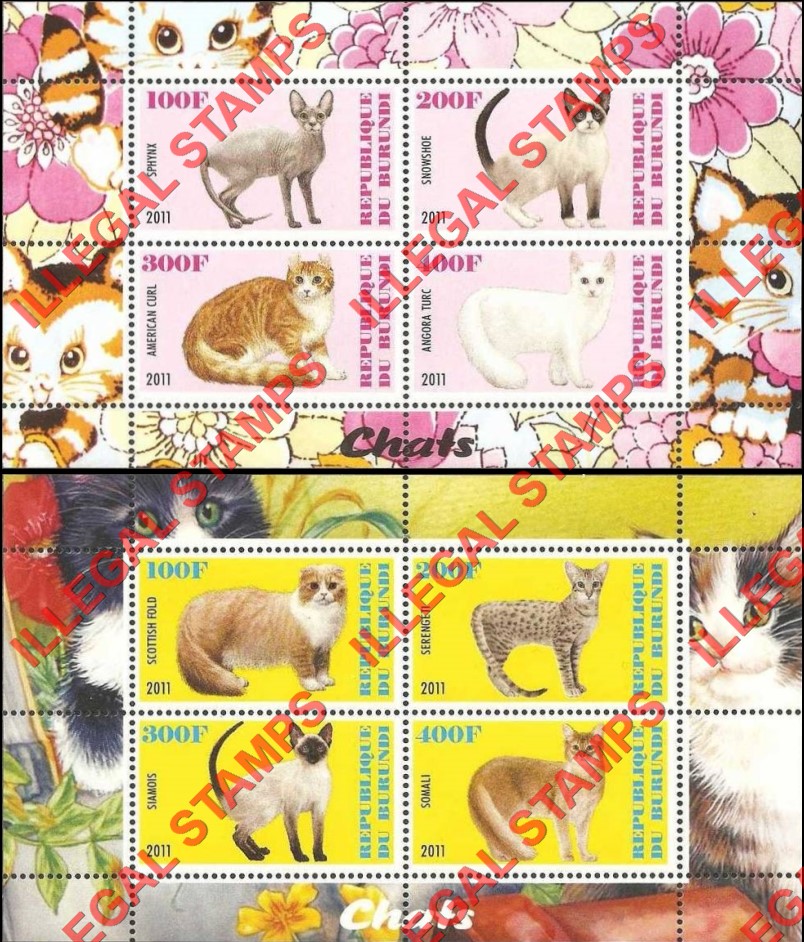 Burundi 2011 Cats Counterfeit Illegal Stamp Souvenir Sheets of 4 (Part 1)