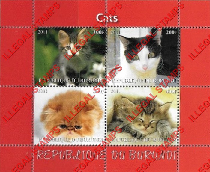 Burundi 2011 Cats (different) Counterfeit Illegal Stamp Souvenir Sheet of 4 (Sheet 3)