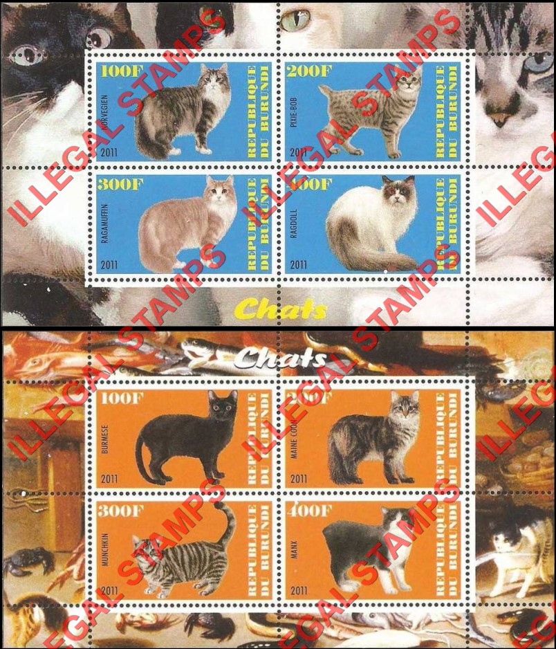 Burundi 2011 Cats Counterfeit Illegal Stamp Souvenir Sheets of 4 (Part 2)