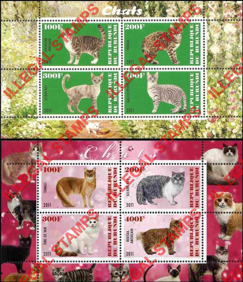 Burundi 2011 Cats Counterfeit Illegal Stamp Souvenir Sheets of 4 (Part 3)