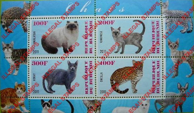Burundi 2011 Cats Counterfeit Illegal Stamp Souvenir Sheets of 4 (Part 4)
