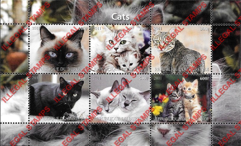 Burundi 2011 Cats Counterfeit Illegal Stamp Souvenir Sheet of 6 (Sheet 1)