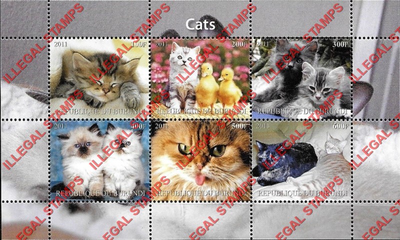 Burundi 2011 Cats Counterfeit Illegal Stamp Souvenir Sheet of 6 (Sheet 2)