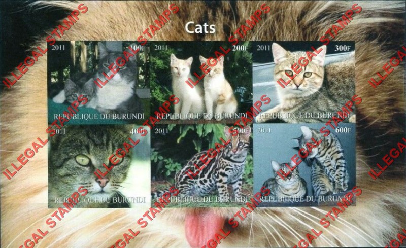 Burundi 2011 Cats Counterfeit Illegal Stamp Souvenir Sheet of 6 (Sheet 3)